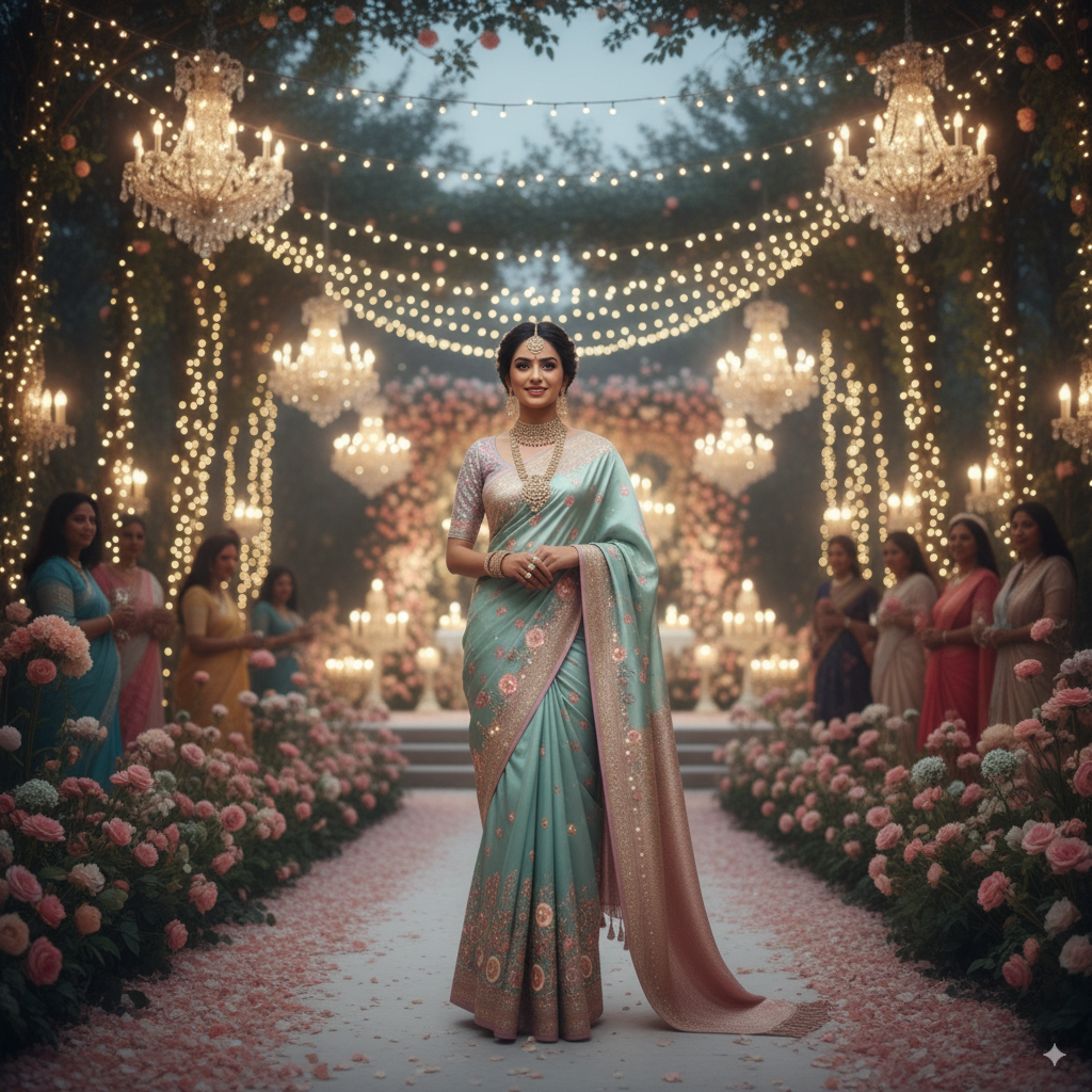 Nano Banana Saree bridal design with pastel nano-fibers and floral embroidery, glowing softly under fairy lights, bride walking in a blooming garden wedding aisle, cinematic dreamy style.